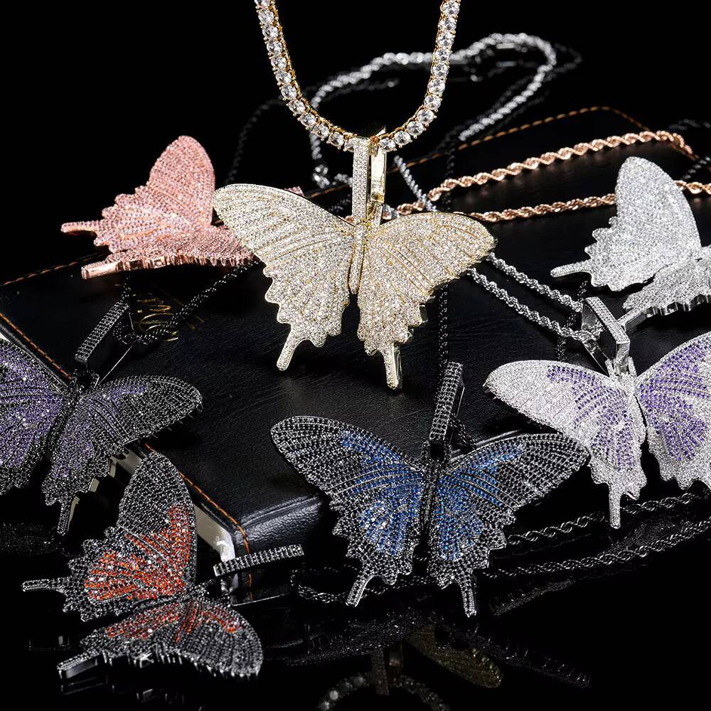 Nuoya Custom Jewelry Iced Out Butterfly Pendant Necklace for Women Hip Hop Full Pave Colorful Moissanite Charm Pendant