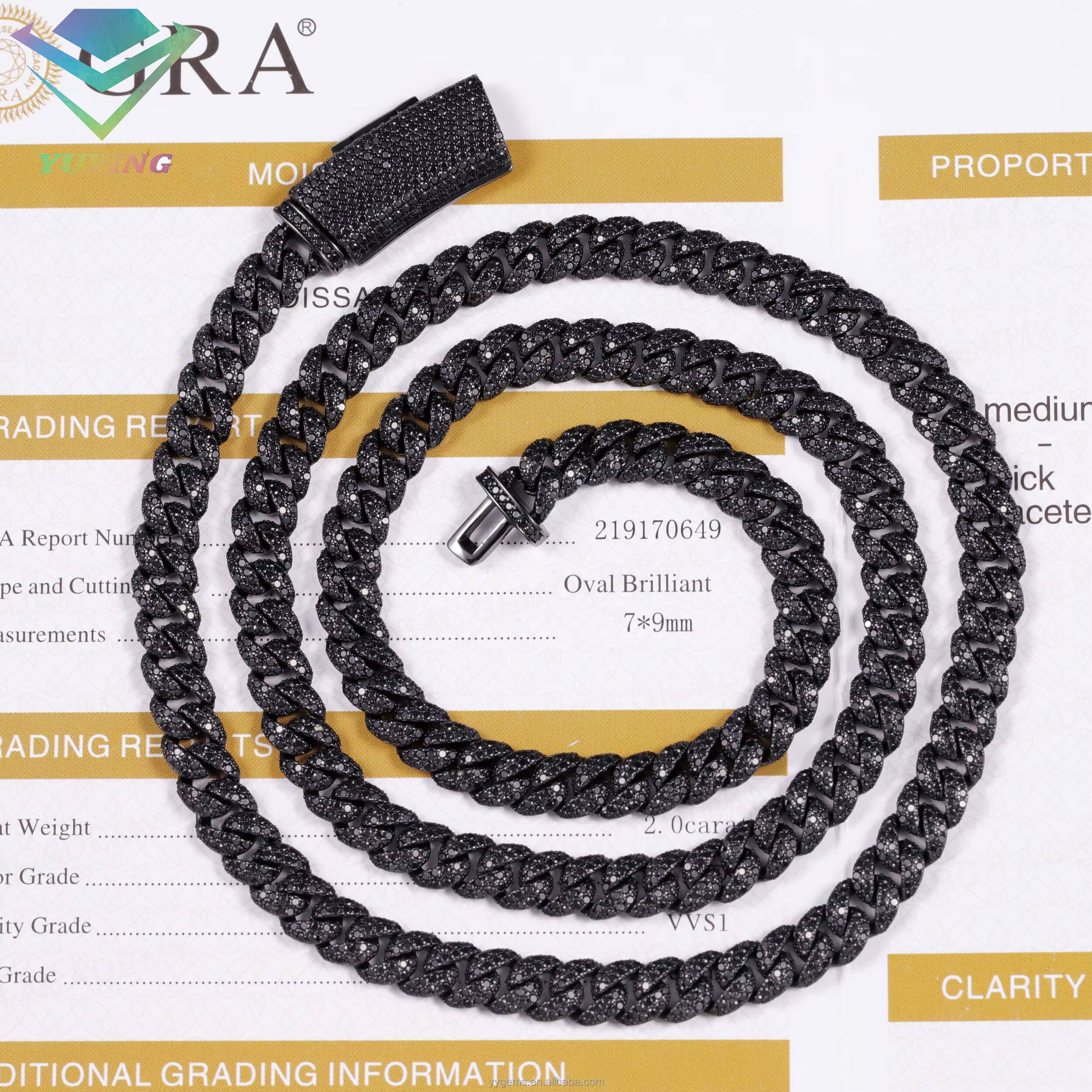 Mystic Black Gold Plated Black Moissanite Diamond Full Iced Out 6mm Wide 2Rows Cuban Link Chains for Men Fashion Silver Jewelry