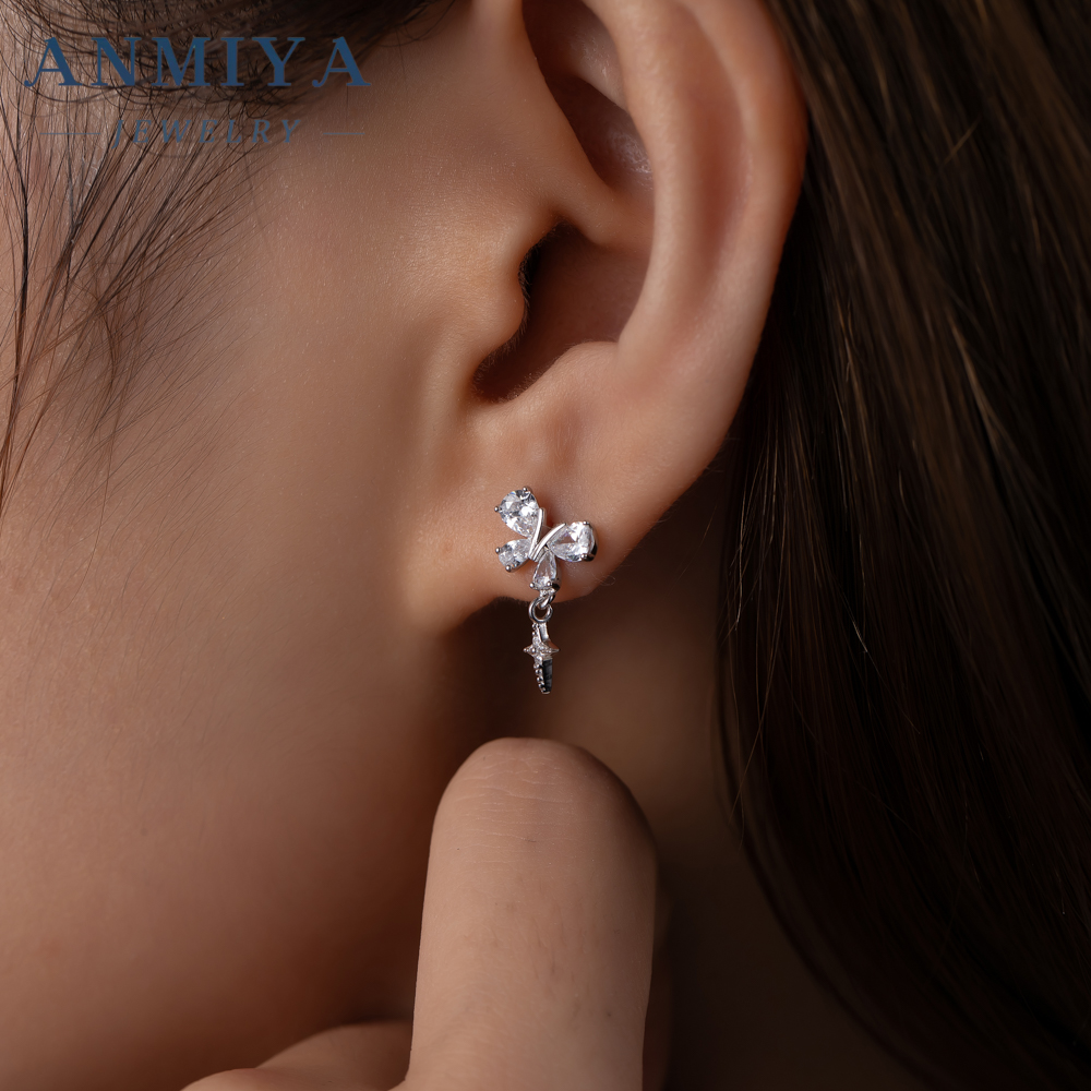 Super Shining Full Zircon Butterfly Stud Earrings for Sweet Girls 925 Silver Plated Rhinestone Women Dangling Star Stud Earrings