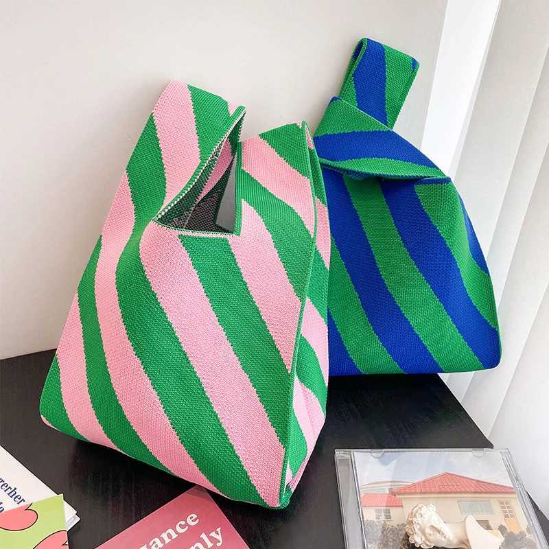 Handmade Knit Women Handbag Hot Student Reusable Shopping BagMini Knot Wristbag Casual Color Wide Stripe Tote Shoulder Bag Z250915