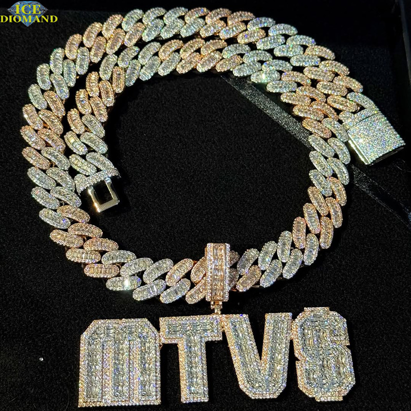 FaMoissaniteory New Arrival Vvs Moissanite Initial Pendant Ice Packed French Baguette Cut Diamond Letter Number Pendant