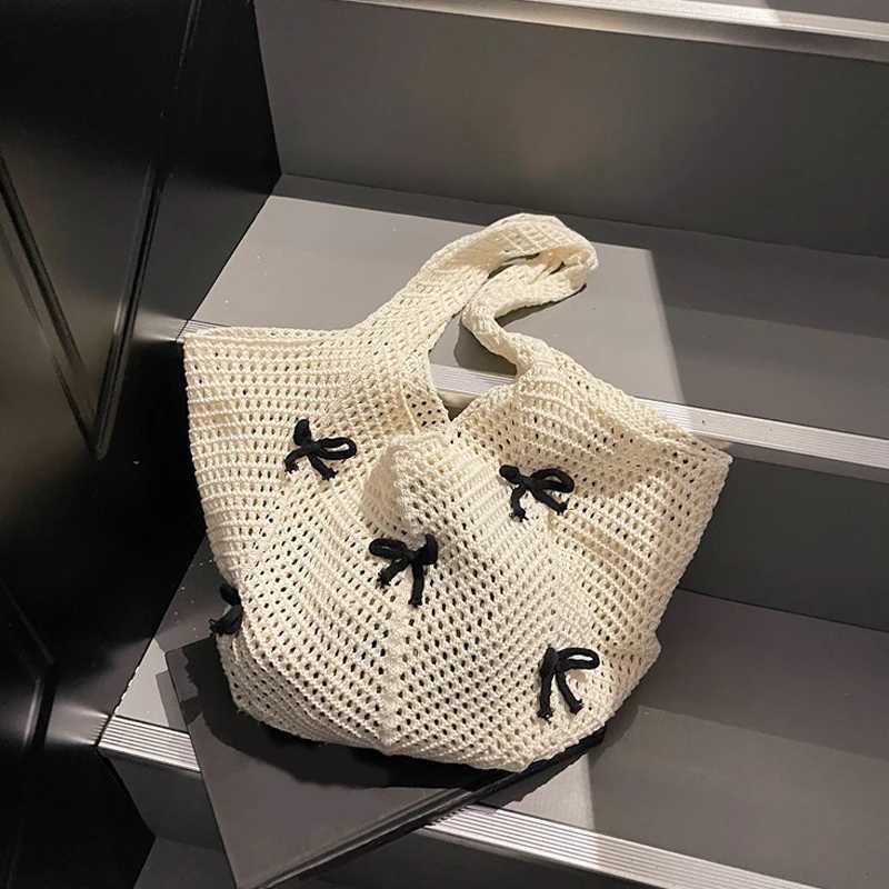 Women Bow Crochet Tote Solid Color Multifunctional Knitted Bag Cute Aesthetic Handbag Girls Hobo Bag for Holiday Travel Z250915