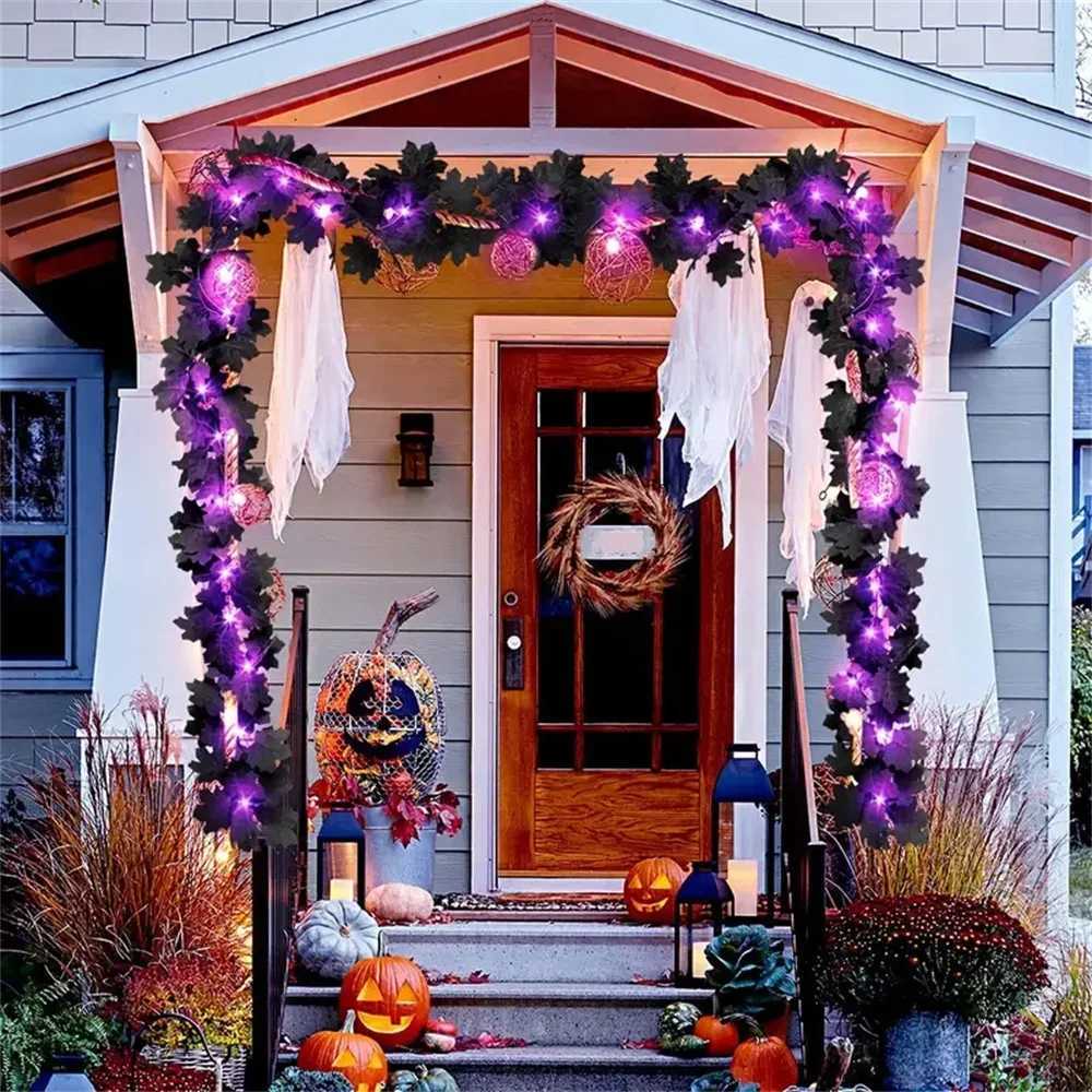 1pc Halloween Garland with Purple Lights Black Leaf Garland Black Artificial Maple Leaves Decor Home Mantle Stairs Indoor C250919