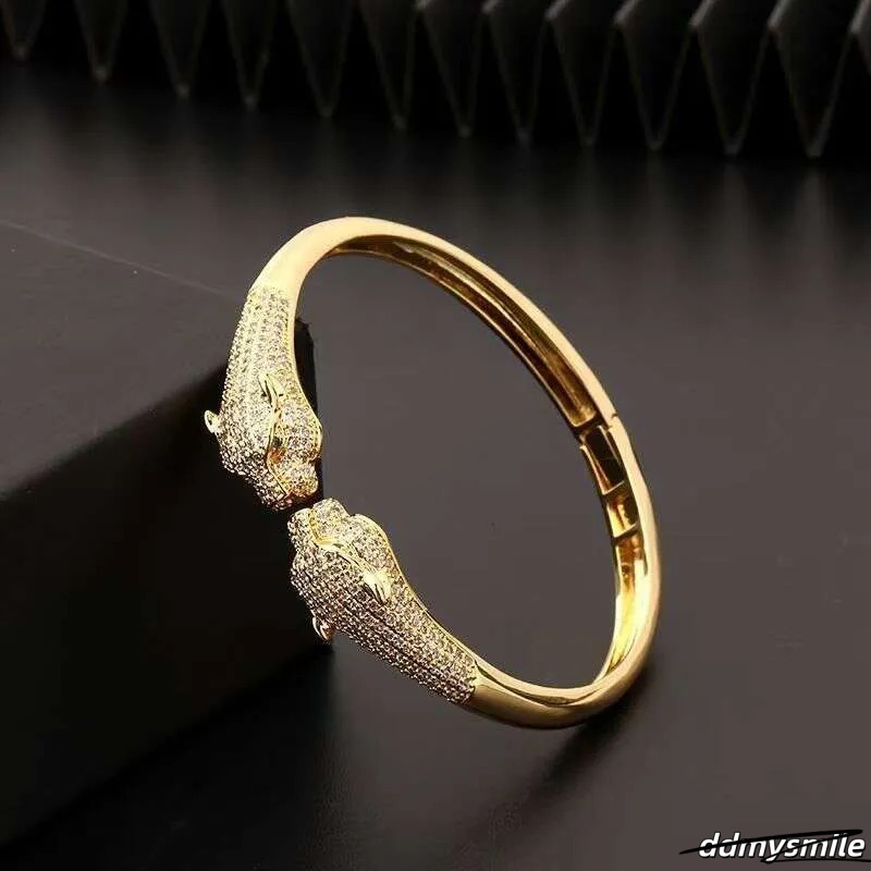 Leopard Print Open Cuff Bracelet - Gold Plated Hip Hop Bangle With Zircon Stones | Animal Jewelry For Women & Men ddmysmile