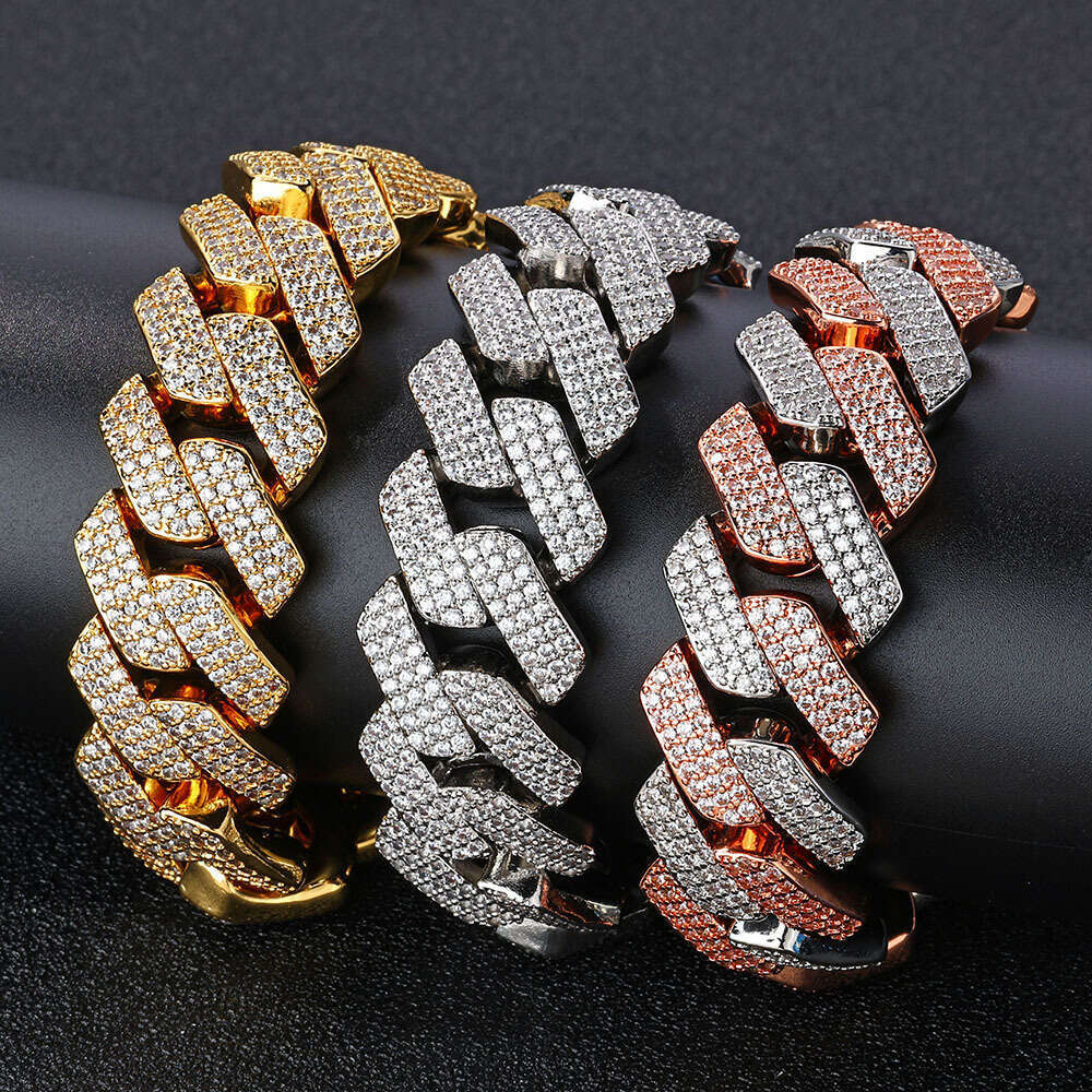 Trendy Men's Bracelet 20mm Flip Clasp Three Rows Zircon Dia Cuban Chain Thick Hip Hop Necklace