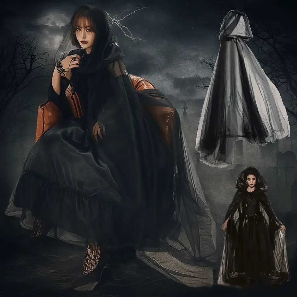 Funny Transparent Mesh Ghost Cloak Lace Up Cosplay Women Halloween Costume Dress Up Accessories Hooded Cloak Cosplay L250918