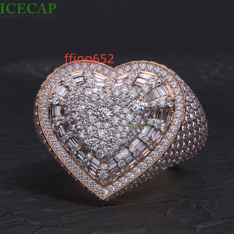 RTS VVS Moissanite Custom Hip Hop Engagement Heart Ring Light Fashionable Silver 925 Gold Plated for Wedding and Party