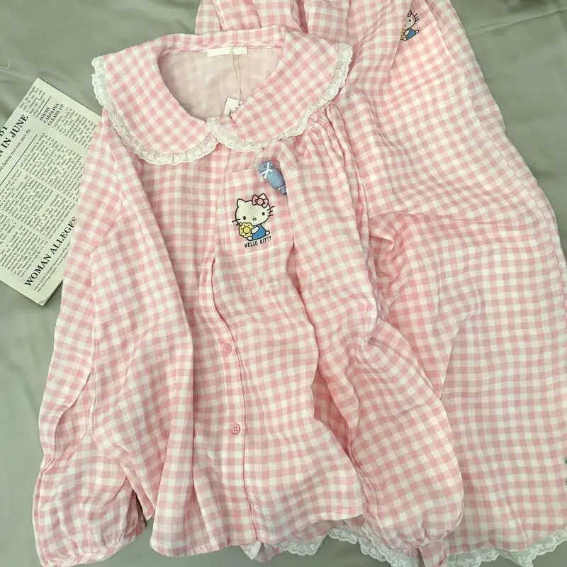 Sanrio Girl Long Sleeve 2Pcs Hello Kitty Cute Pajamas Spring and Autumn Korean Version Cartoon Home Clothing Can Be Worn Outside L250919