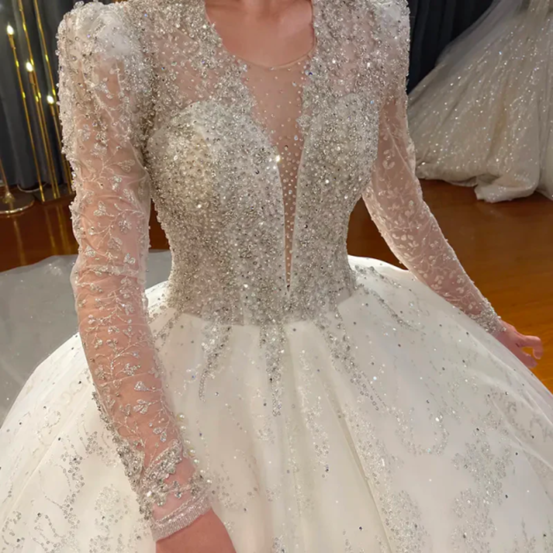 Exquisite Long Sleeve Ball Gown Wedding Dresses Deep V Neck Sequins Appliques Bridal Gowns Vestidos De Novias Customized