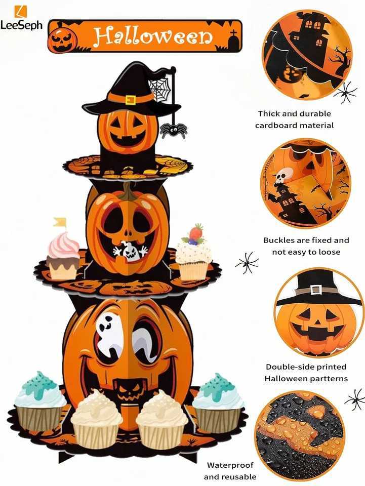 Leeseph Halloween Pumpkin Cardboard Cake Stand Spooky and Fun 3 Tier Cake Holder Easy Assembly Perfect for Showcasing Dessert C250919