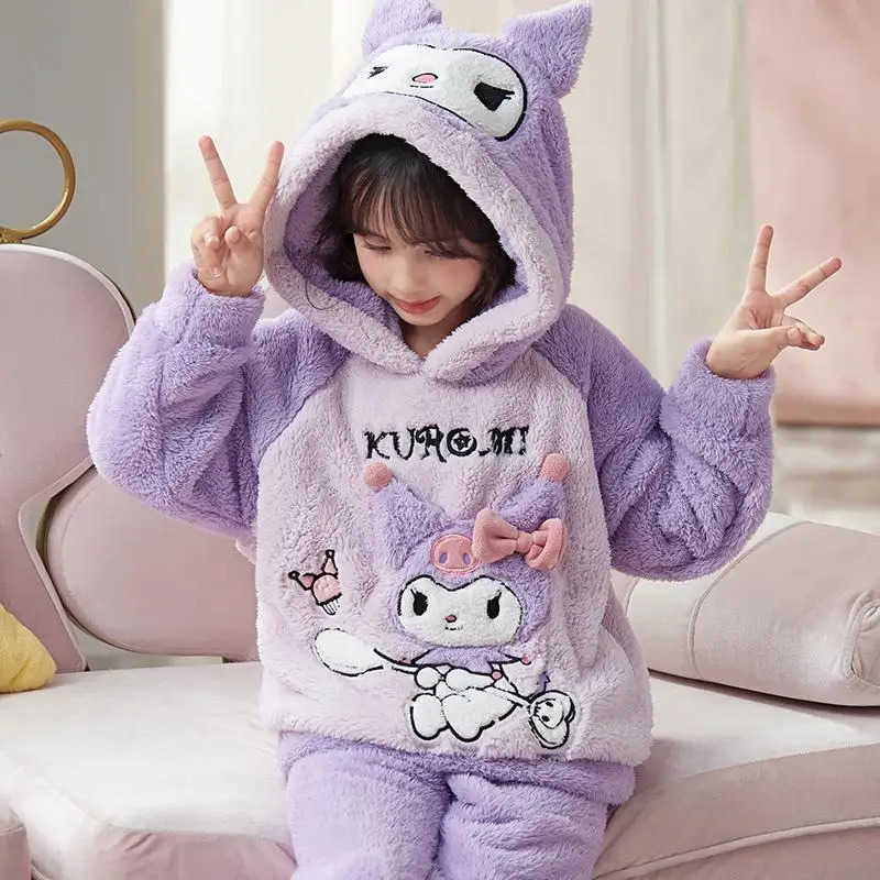 Sanrio Hello Kitty Girl Thickening Pajamas Winter Keep Warm Children Long Sleeves Pants Kawaii Anime New Style Household Clothes L250919
