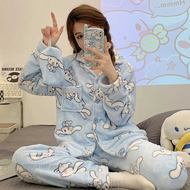 Sanrio Cinnamoroll Melody Kuromi Cotton 2 Pcs Pjs Women Autumn Winter New Pajamas Warm And Cute Cartoon Flannel Home Furry Set L250919