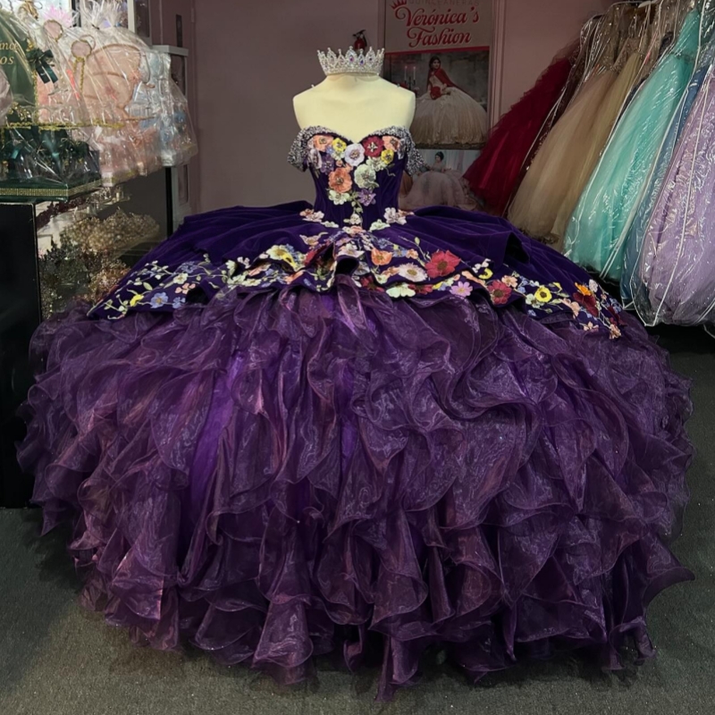 Purple Shiny Quinceanera Dresses Off The Shoulder Applique Lace Beads Tiered Tull Party Birthday Sweet 16 Dress Vestidos De 15 Anos