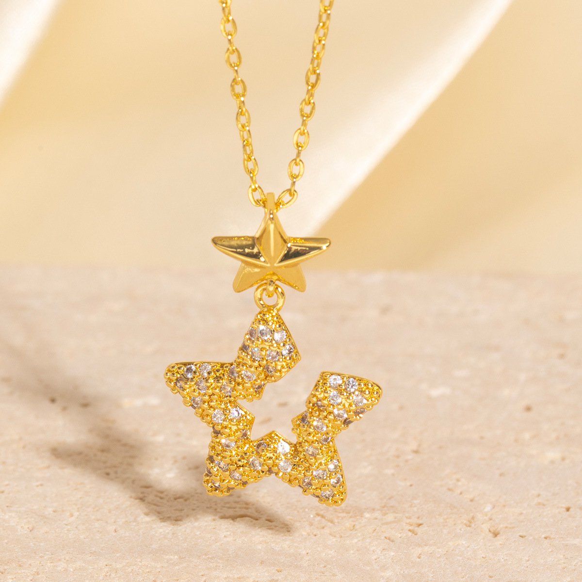 Gold - Toned Double Star Pendant Necklace With Crystal - Embellished Open Star Delicate Daily & Sparkling Jewelry Gift For Her High - Quality And Styl