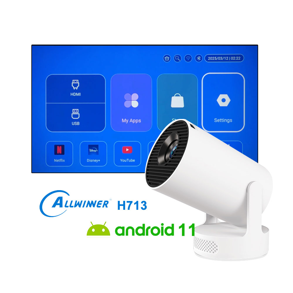 2025 Portable Projector BT 5.0 Android 11.0 With 2.4/5G 200 ANSI WiFi6, 180° Flip PK Android TV BOX 1280*720P 8GB Round Design Movie Projector 40"