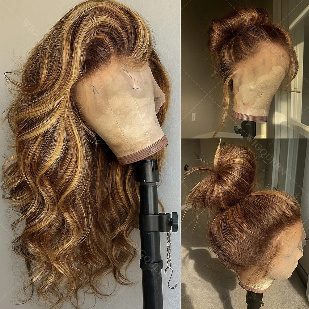 4/27 Balayage Blonde Highlight 13x6 Glueless Wigs Wear And Go Body Wave Human Hair Wig High Density 13x4 HD Mixed Color Lace Frontal Wig
