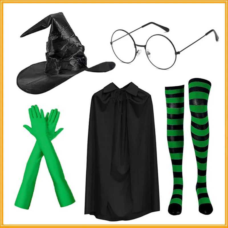 5pcsset Halloween Green Ghost Claw Gloves Set Pleated Wizard Hat Cape Round Glasses Socks Cosplay Character Set cloth L250918