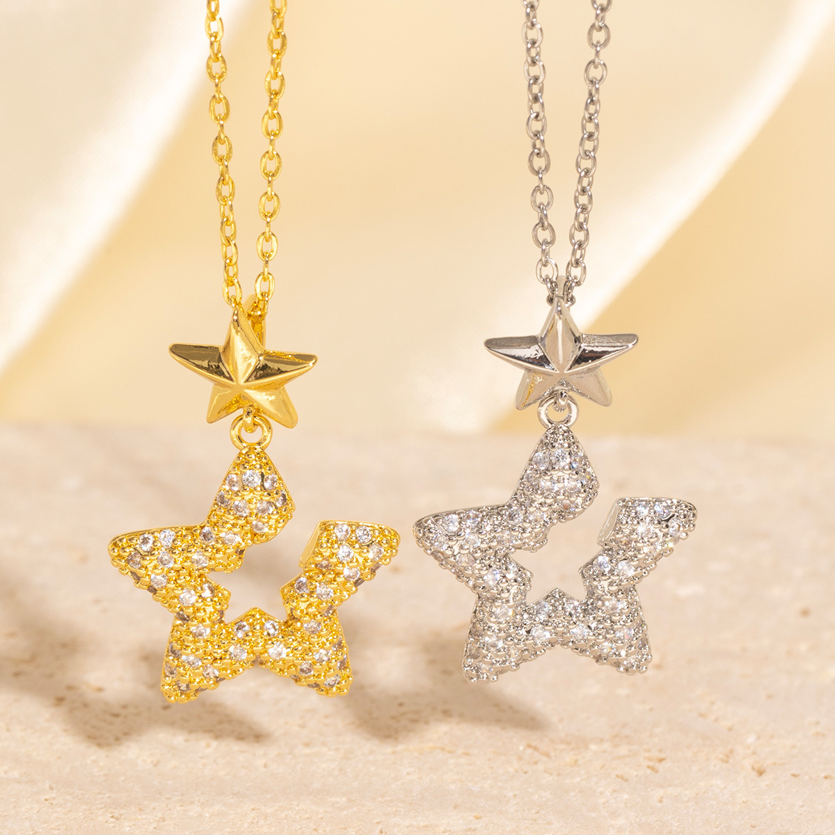 Gold - Toned Double Star Pendant Necklace With Crystal - Embellished Open Star Delicate Daily & Sparkling Jewelry Gift For Her High - Quality And Styl