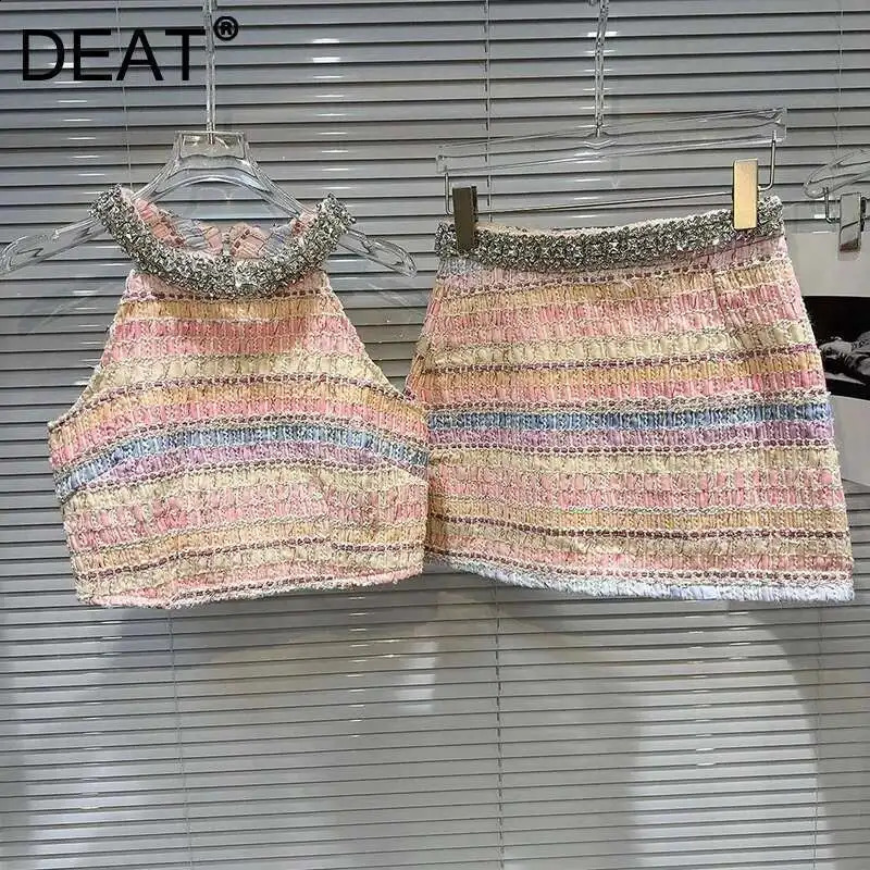 DEAT Fashion Twopiece Set Rhinestone Edge Halter Vests Female Stripe Contrast Color Short Skirts For Women Spring 11A03619 250818