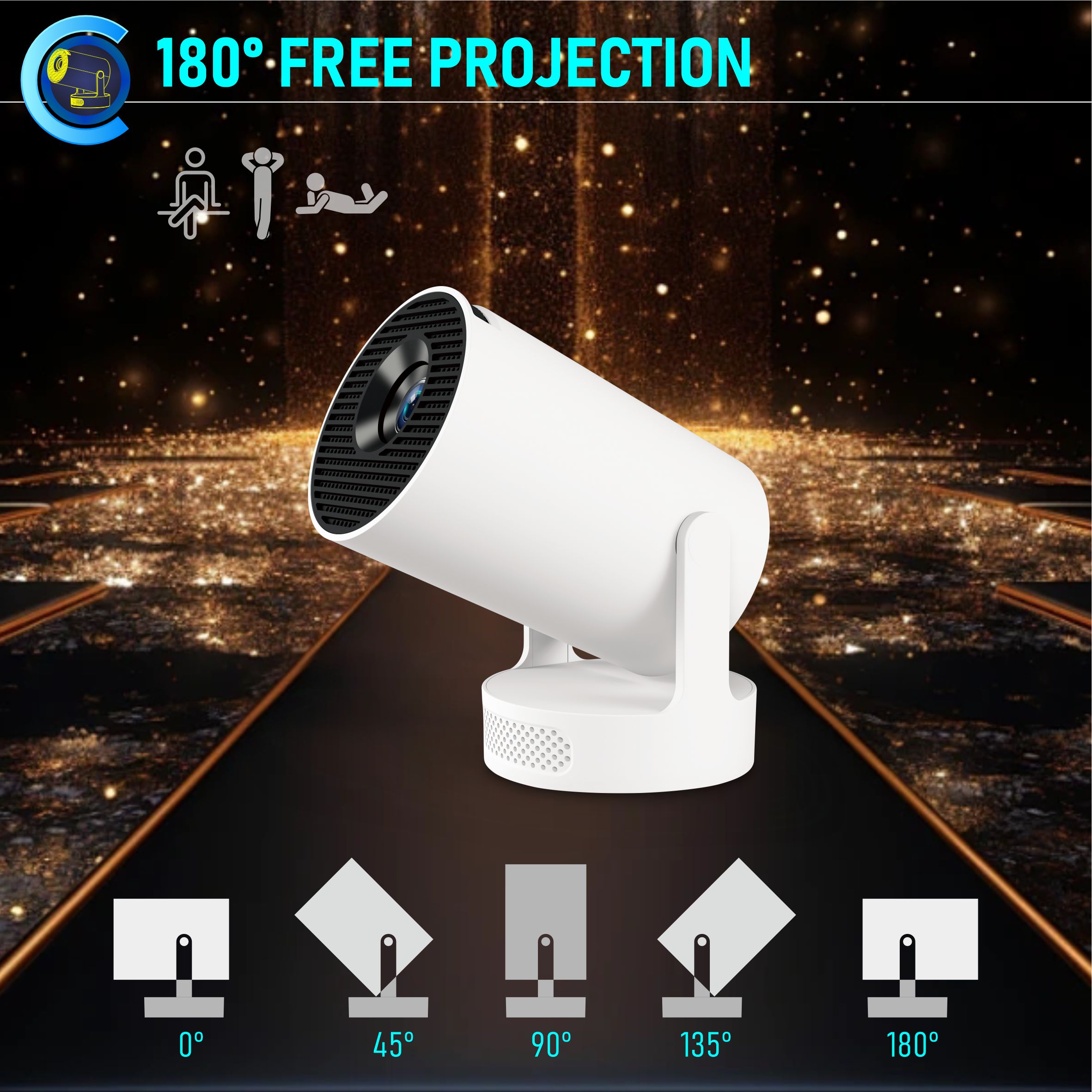 2025 Portable Projector BT 5.0 Android 11.0 With 2.4/5G 200 ANSI WiFi6, 180° Flip PK Android TV BOX 1280*720P 8GB Round Design Movie Projector 40"