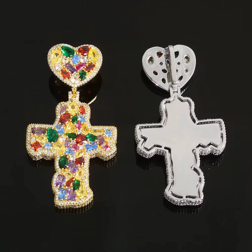 NUOYA Iced Out Colorful Love Hook Cross Pendant Necklace Gold Plated Large Baguette Moissanite Diamonds Custom Charm Hip Hop Jewelry