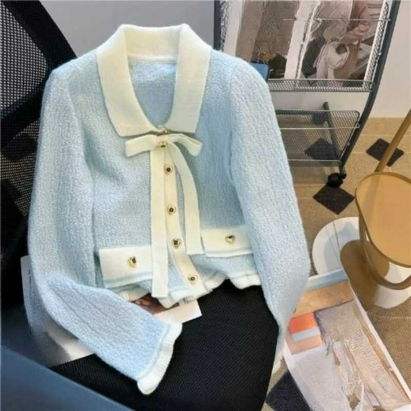 Xiaoxiangfeng Color Lapel Knitted Jacket Womens Design Sense Bow Tie New Shirt Spring Gentle Wear Comfortable Temperament Niche Z250918