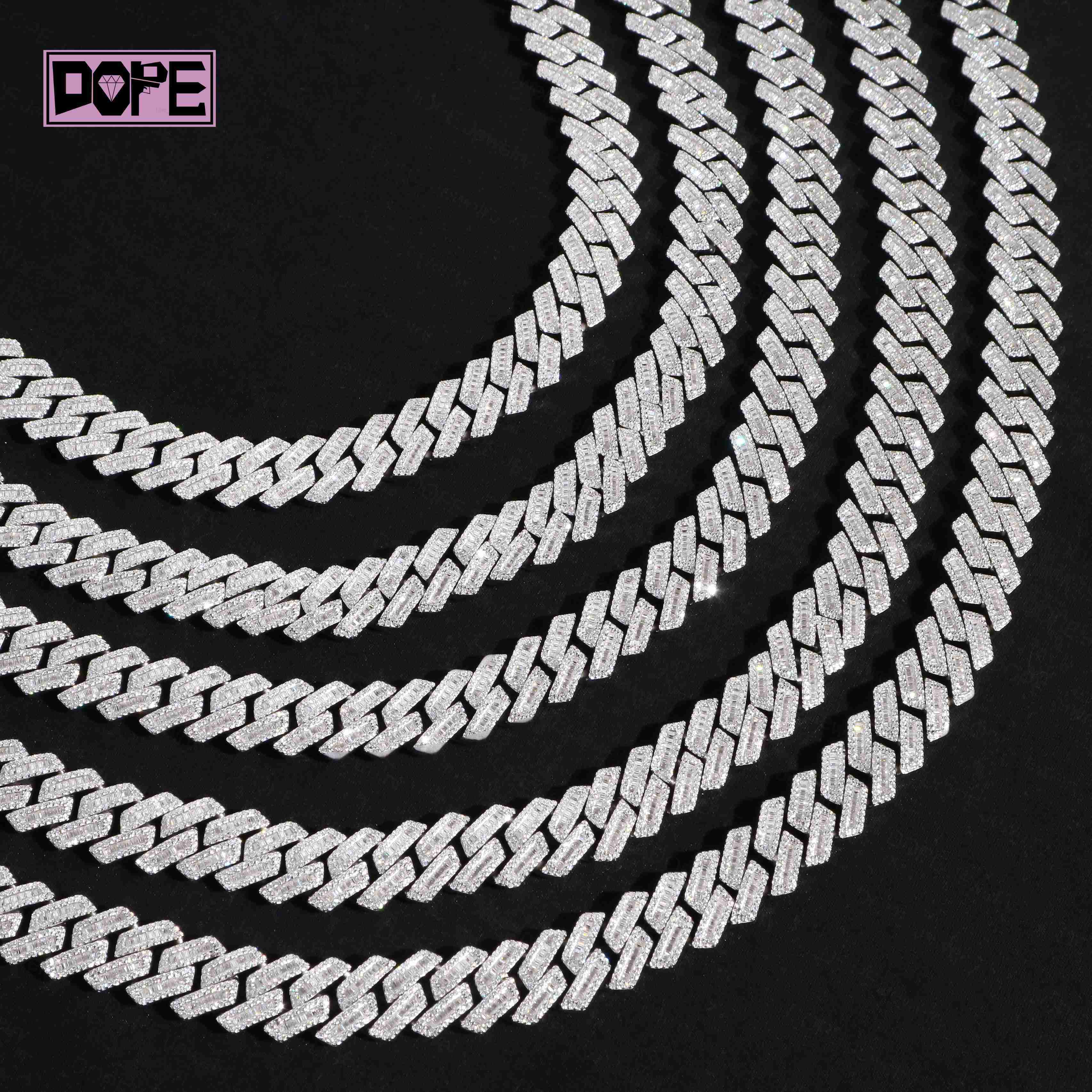Pass Diamond Tester 15mm Moissanite Chain 925 Silver Inner Baguette Cut Mens Iced Out VVS Moissanite Cuban Chain