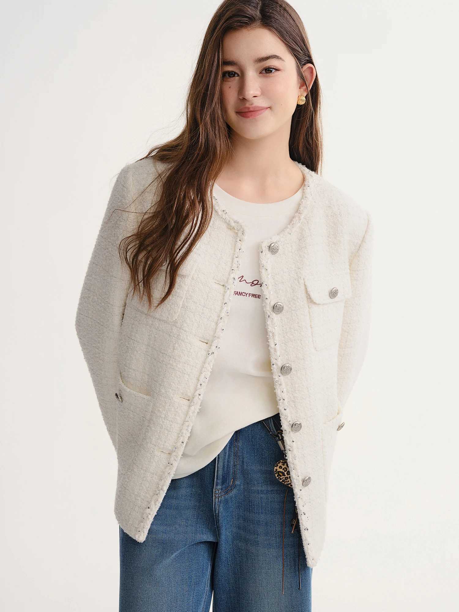 DUSHU Autumn Winter 2025 Womens Embellished Tweed Jacket Heavy Craft Lace Trim Braided Detail Casual Elegance Outerwear Z250918