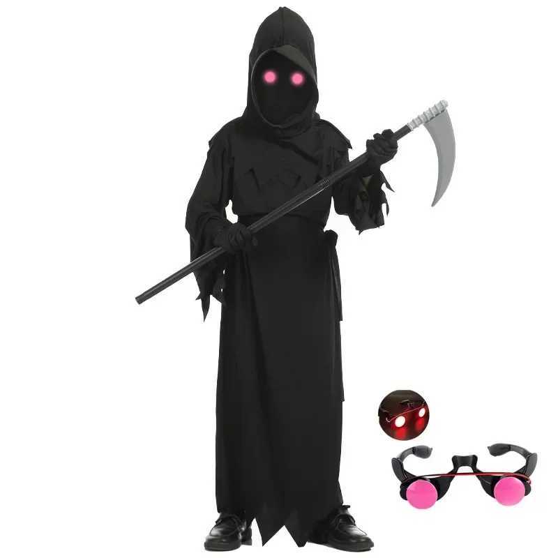 Halloween Red Eye Grim Reaper Scary Costume Child Black Devil Dark Ghost Cosplay Hooded Robe Sickle Gloves Play Props L250918