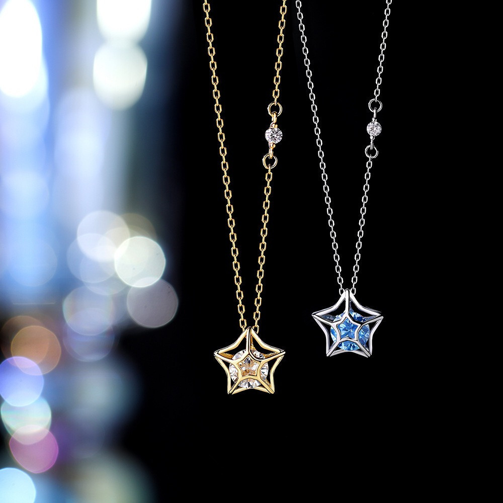 Beixi Jewelry Pure Sier Five-Pointed Star Hollow Inlaid Dia Necklace for Women, Niche Design Sense, Simple Forest Style Collarbone Chain