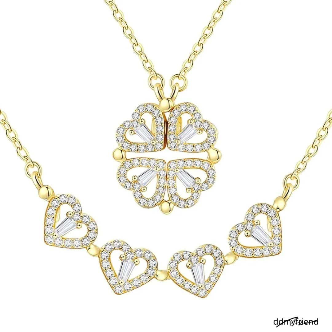 Fashion Double Wear Magnet Four Heart Flower Pendant Necklace For Women Sweet Sexy Female Stainless Steel Neck Chain Jewelry250711 ddmyfriend