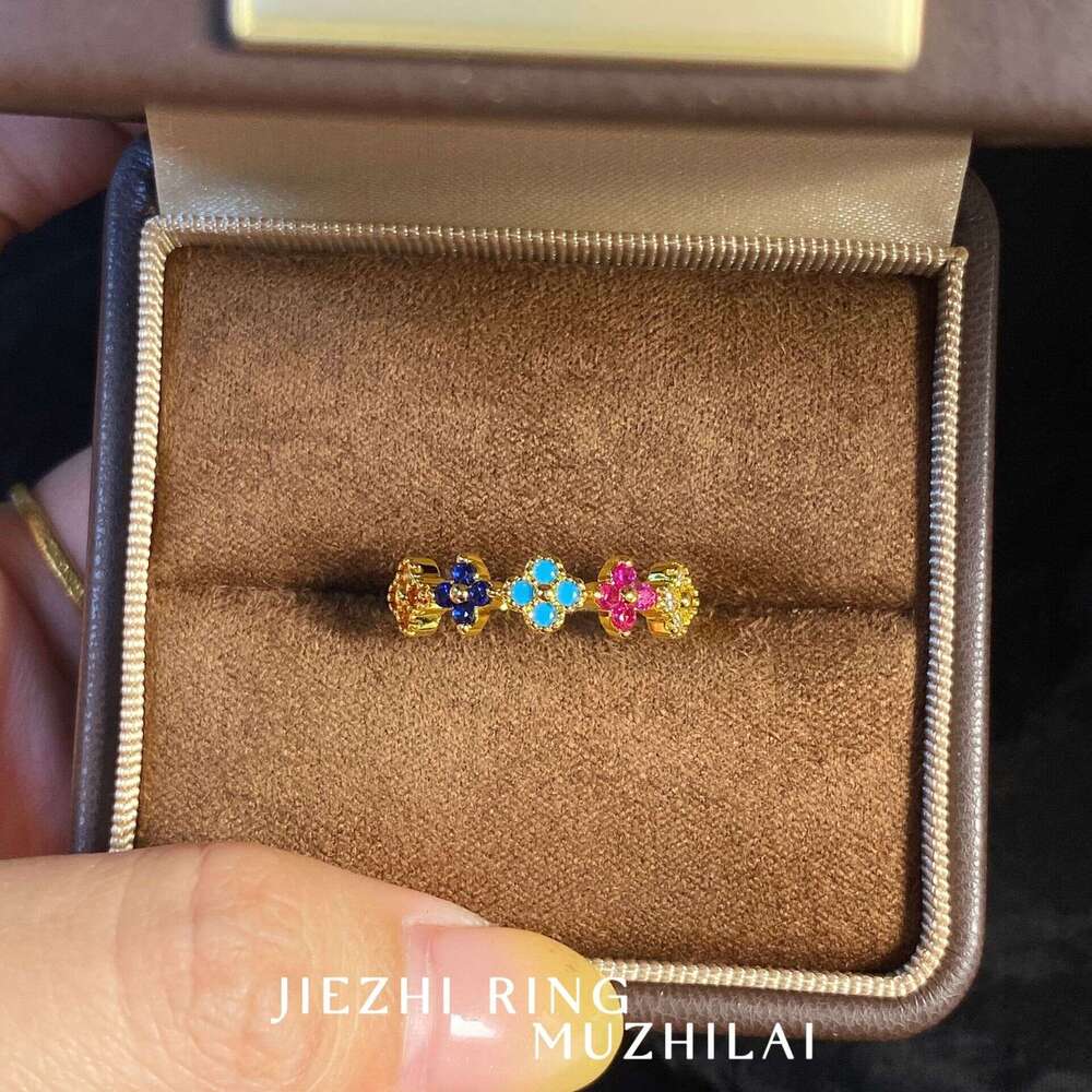 Muzhilai 2025 Lucky Four-Leaf Flower Summer Rainbow Dopamine Colorful Diamond Exquisite High-End Feel Ring