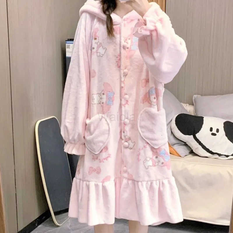 Sanrio New Autumn and Winter Fuzzy Nightgown Womens 2 Pcs Melody Pajama Set Student Cute Sweet Long Thick Plush Bathrobe Sleepwear Set L250919