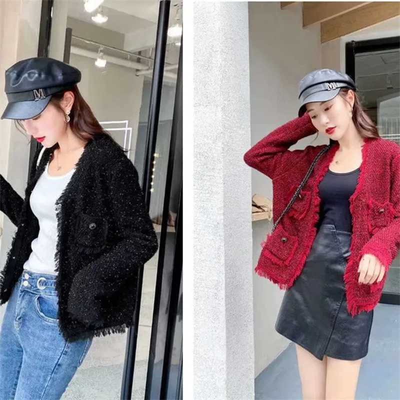 Xiaoxiangfeng Coat Womens New Spring Autumn Jacket Tide 2025 Korean Cherry Short Outerwear Tassel Knit Cardigan Female Overcoat Z250918