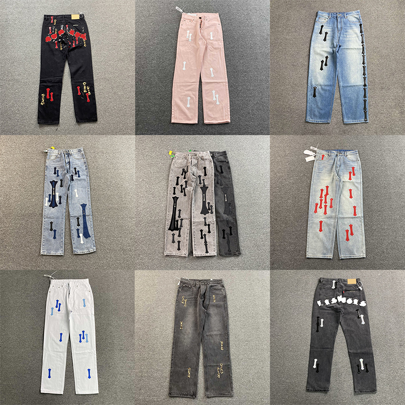 Newest leather pattern printing embroidery metal label loose hundred men and women street casual straight jeans