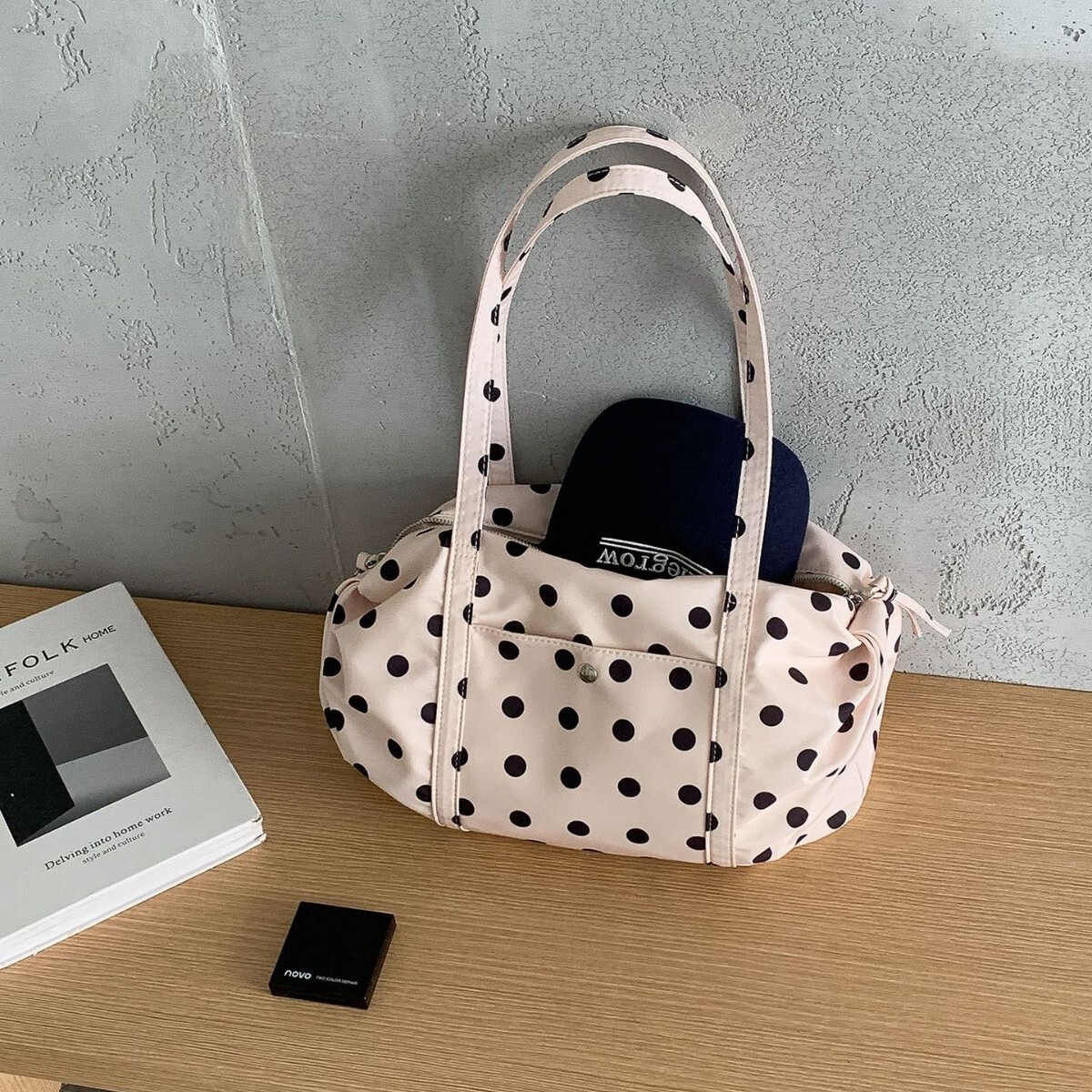 Cute Style Black and White Polka Dot Bag Korean Version Large Capacity Shoulder Bag New Casual Versatile Nylon Handbag for Women