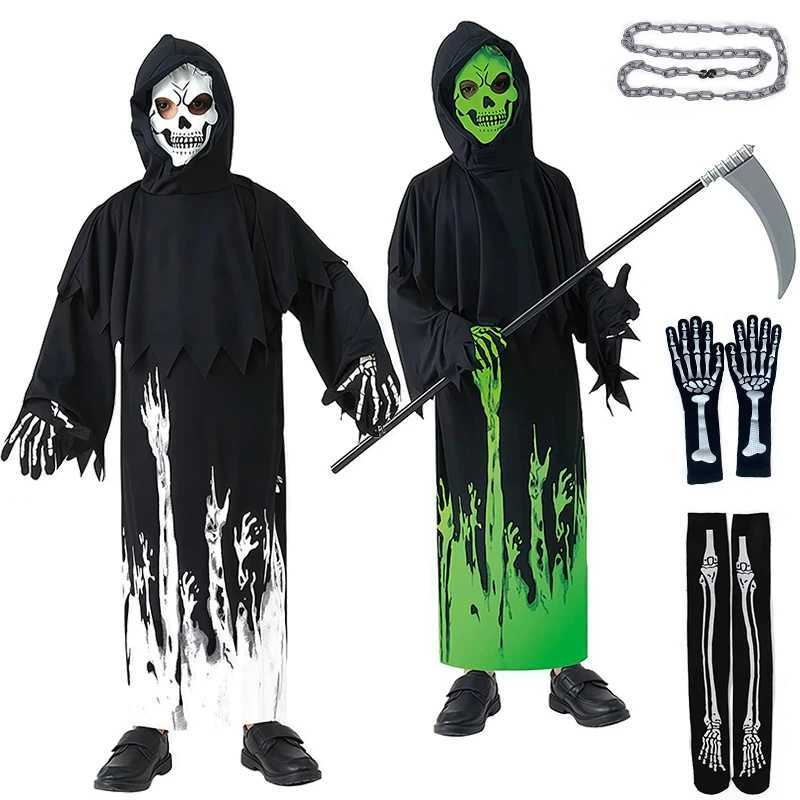 Childrens Halloween Cosplay Scythe Monster Grim Reaper Luminous Darkbringer Ghost Costume Disguised Child Devil Clothing Set L250918