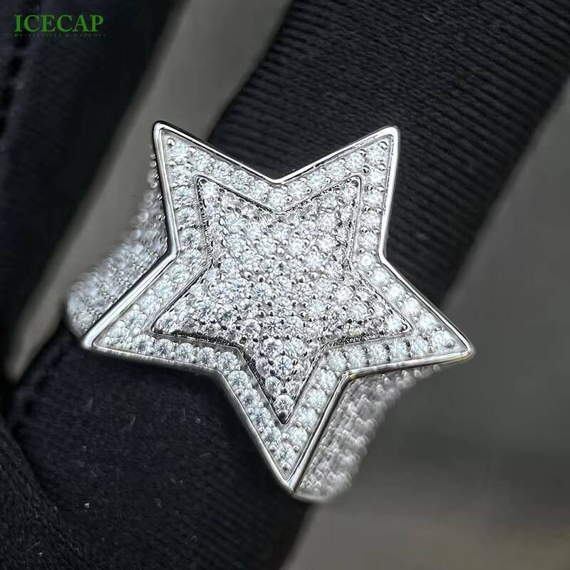 925 Silver Hip Hop Style StarShaped Moissanite Ring 15mm Round Passes Diamond Test