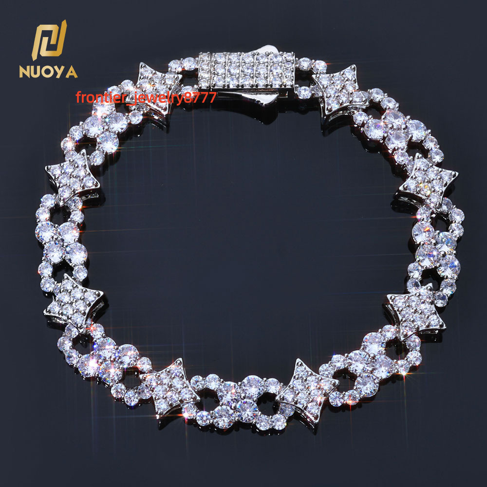NUOYA Spring Lock Clasp Bracelet Iced Out Moissanite Four Pointed Star Infinity Design Bling Hip Hop Fine Jewelry