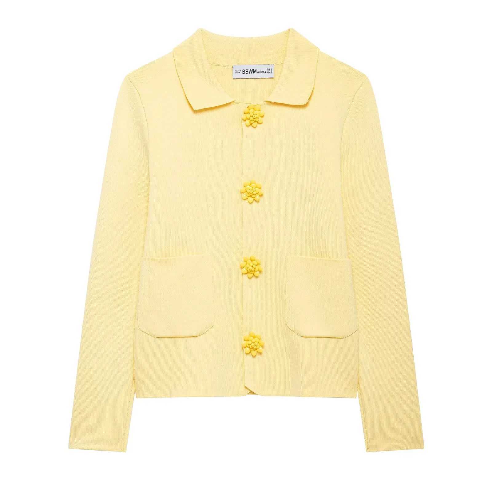 TRAFZA 2025 Fall Winter Butter Yellow Knitted Women Jackets Fashion Streetwear Turndown Collar Solid Button Straight Lady Coats Z250918