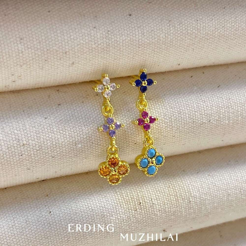 Dopamine Four-leaf Flower Summer Colorful Dia Zircon Earrings Elegant and High-end Feel