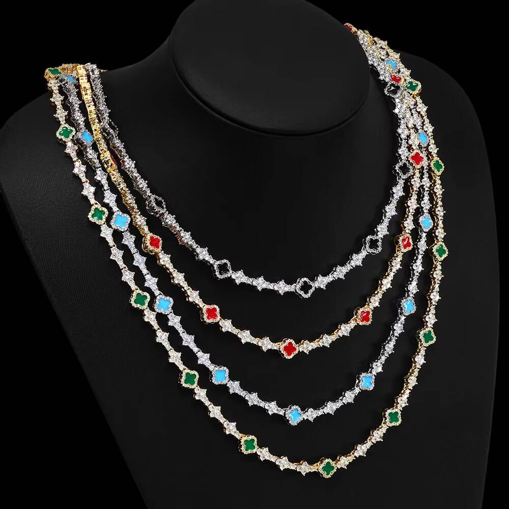 NUOYA Hip Hop New Style Iced Out Four Leaf Clover Necklace Silver Color 65mm Moissanite Diamond Colorful Tennis Chain Jewelry for Women