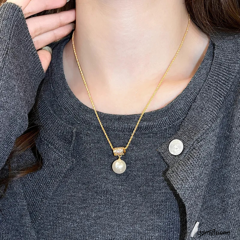Golden Slim Waist Full Dia Pearl Necklace For Women 2025 Highend Light Niche Sweater Chain Jewelry 250728 ddmyfriend