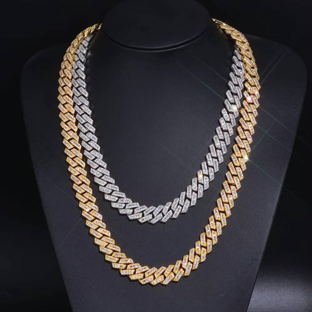 NUOYA 14MM Heavy Cuban Link Chain Necklace Iced Out Mixed Inlay Baguette Round Moissanite Prong Set Silver Plated Hip Hop Jewelry