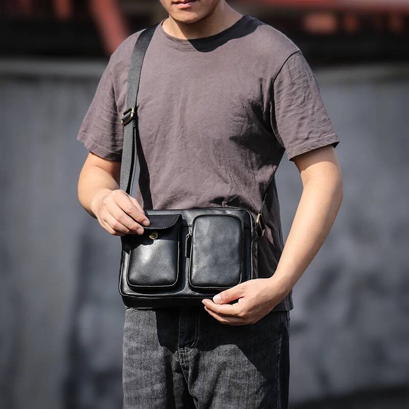 Men's Genuine Leather Shoulder Casual Fashion Crossbody Natural Cowhide Daily Messenger Bag Black Trend Satchels