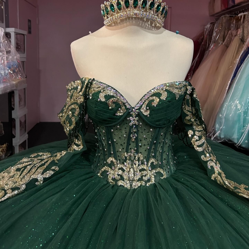 Black Green Shiny Quinceanera Dresses Off The Shoulder Gold Applique Lace Beads Tull Party Birthday Sweet 16 Dress Vestidos De 15 Anos