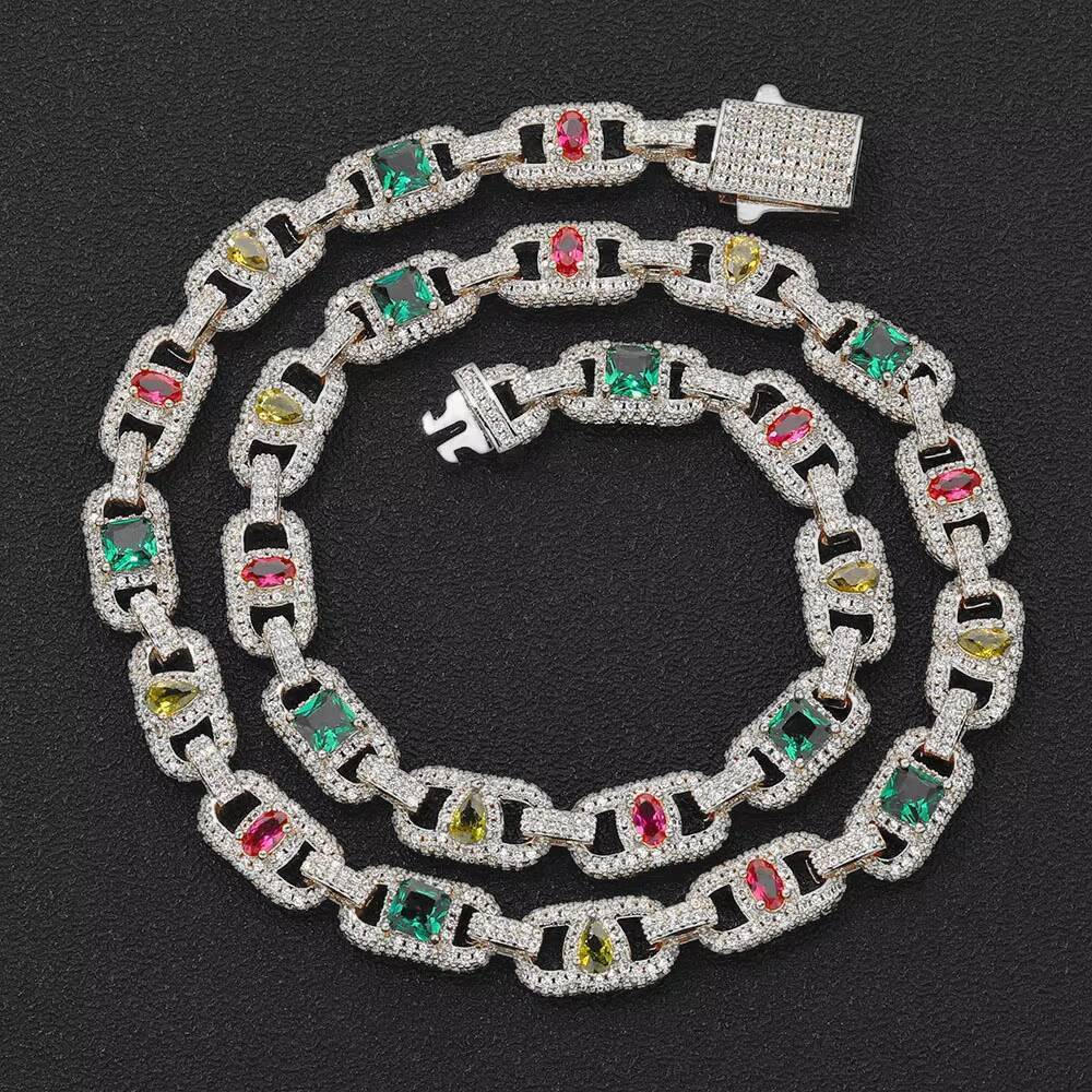 NUOYA Luxury Colorful Moissanite Cuban Chain Necklace Silver Plated Mixed Inlaid Iced Out Diamond Hip Hop Fine Jewelry