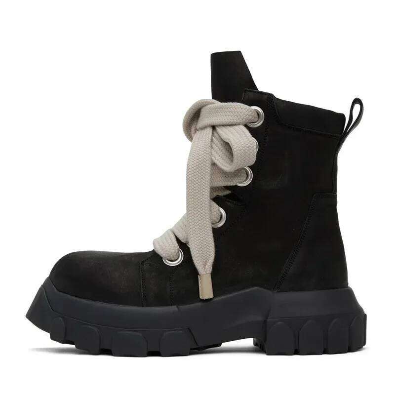 2025 Men's High Top Shoes Platform Sneakers Leather Jumbo Lace Up Chunky Sole Vintage Trendy Designer Black Boots