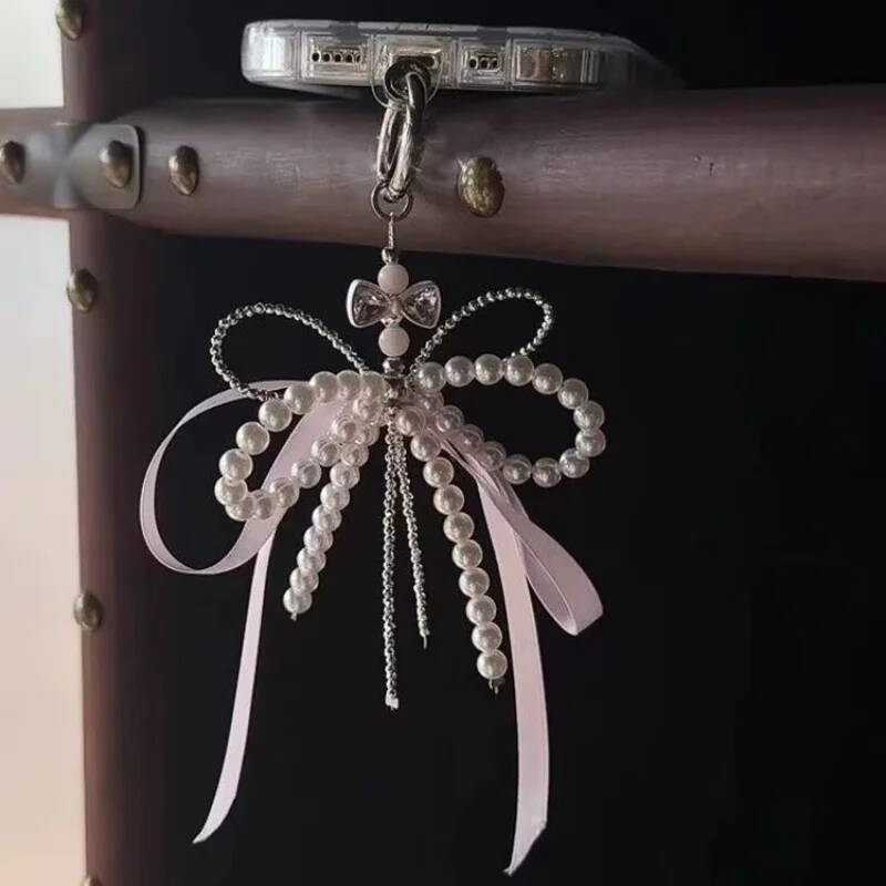 2025 New Korean Fashion Sweet Pearl Bow Keychain Phone Keyring Y2K Ins Aesthetic Holder for Girl Bag Pendant Accessories