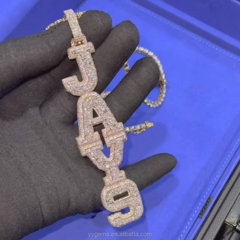 Custom Hip Hop Mens Fashion Vertical Setting Letters 925 Sterling Silver VVS Moissanite Diamond Name Letter Pendant